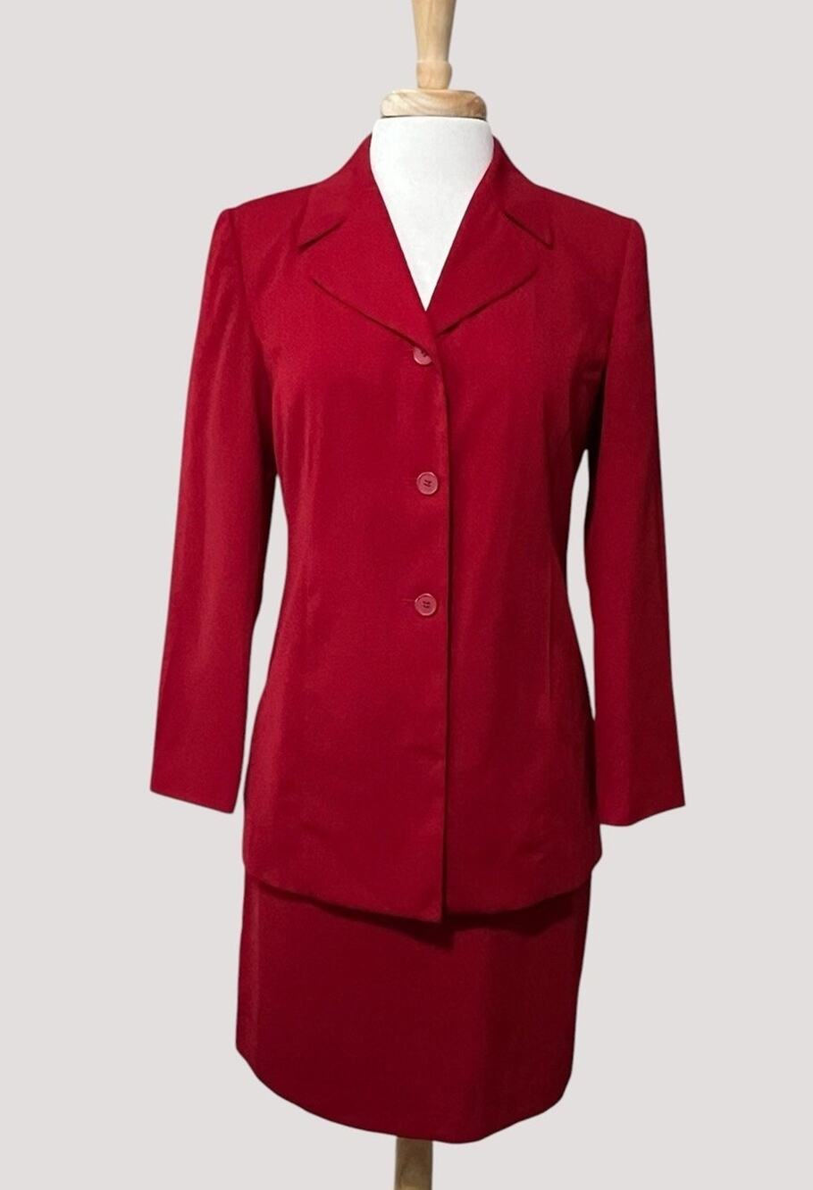 Vintage Herman Geist Crimson Red Tailored Skirt Suit Corporate Chic Co-ord sz 8P
